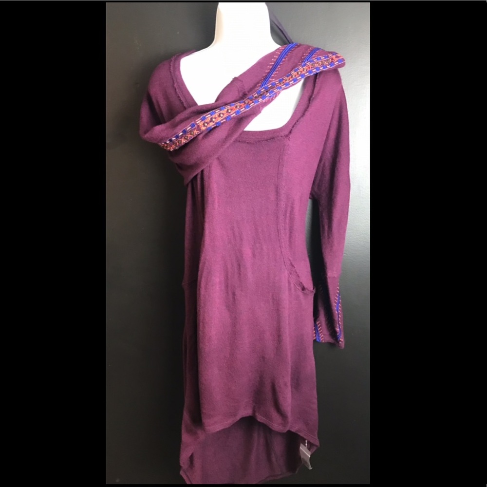 New FREE PEOPLE High Low Thin Sweater Knit Dress Red Blue Orange Embroidered